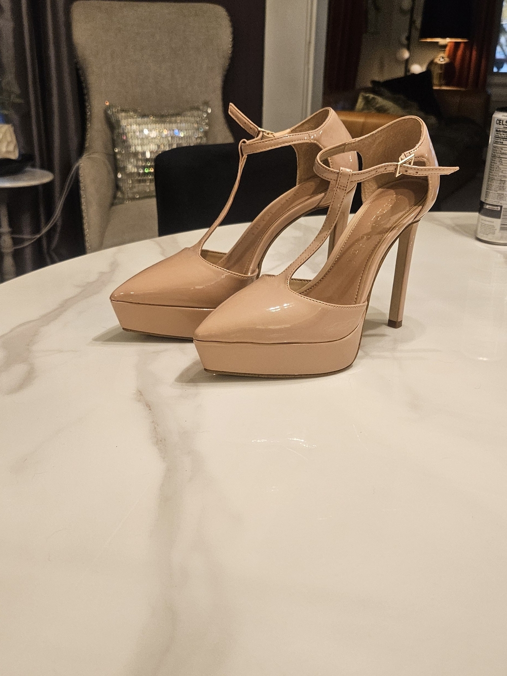 Gianni Bini Patent Nude T-Strap Platform Pumps